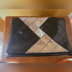 Arden B. Black Lacquered Evening Clutch with Black & Silver Sequins